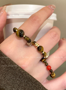 浮光跃金~虎眼石串珠拼接戒指女士小众设计感食指戒叠戴指环