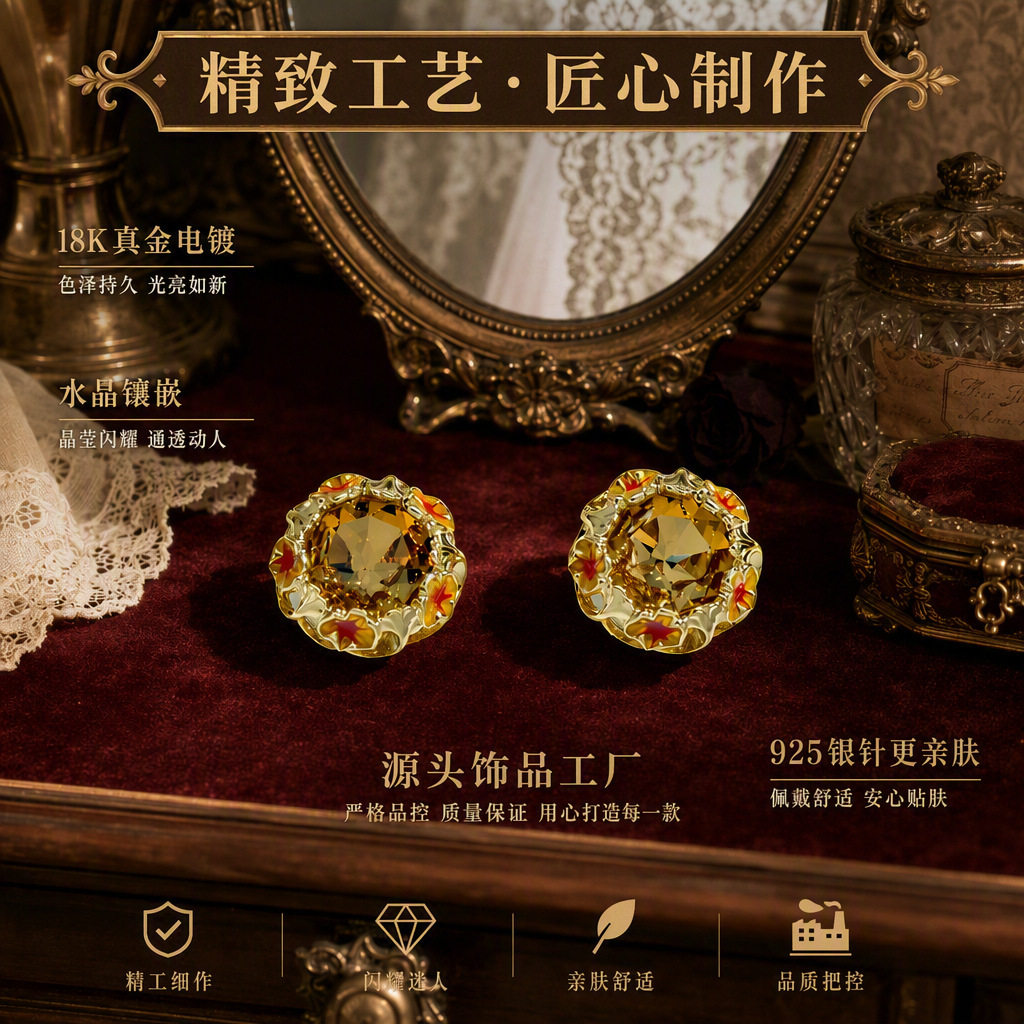 法式中古宫廷风镶水晶花朵滴釉耳钉设计高级感百搭S925银针耳饰品