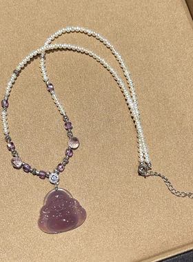 紫色天然高冰玉髓佛公吊坠珍珠项链配饰女锁骨链轻奢小众颈链饰品