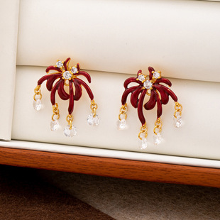 新中式银针锆石烟花珍珠耳环轻奢高级感耳钉红色系列时尚百搭耳饰