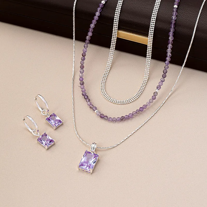 百搭叠带三层天然水晶紫罗兰方锆吊坠耳环项链轻奢时尚高级感套装