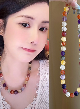 天然七彩色多宝水晶串珠项链配饰女轻奢秋冬毛衣链感颈链饰品