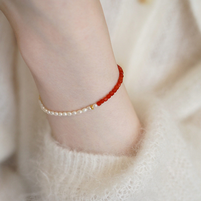 天然红玛瑙淡水珍珠手链轻奢感手串女小众米珠新中式串珠手饰