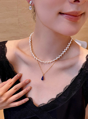 多棱青金石吊坠项链配饰女锁骨链轻奢小众设计感叠戴颈链饰品