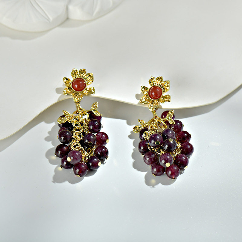 天然石榴石葡萄串珠耳坠耳钉S925银针高级感手工复古跨境度假耳饰