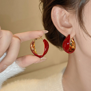 新年红色复古多层圈圈耳扣女简约轻奢感耳环小众气质百搭耳饰