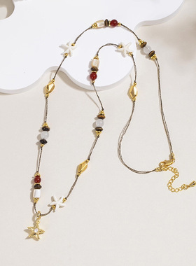 海星吊坠天然石串珠项链配饰女复古长款毛衣链轻奢小众感饰品