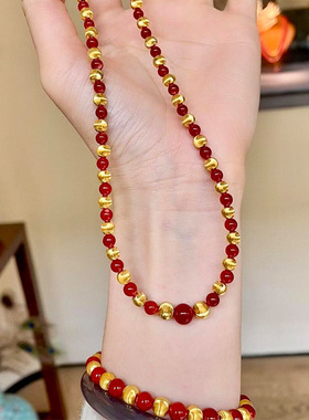 天然红玛瑙猫眼串珠项链女小众配饰秋冬毛衣链轻奢感颈链饰品