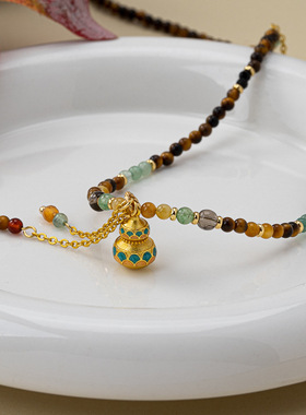 原创天然石虎眼石碧玺感珐琅葫芦项链新中式古法串珠毛衣链