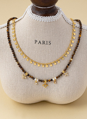 气质叠带天然石虎眼串珠太阳神芒星吊坠项链女轻奢小众设计锁骨链