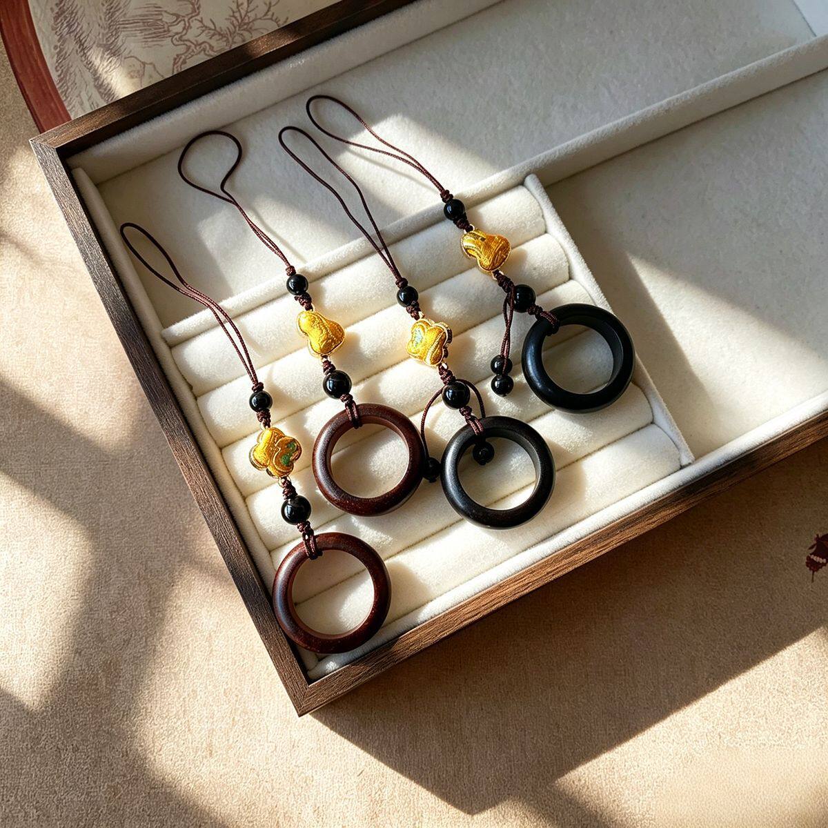 宋锦四叶草葫芦手机挂链成品纯手工黑檀木实木指环车挂包挂钥匙扣