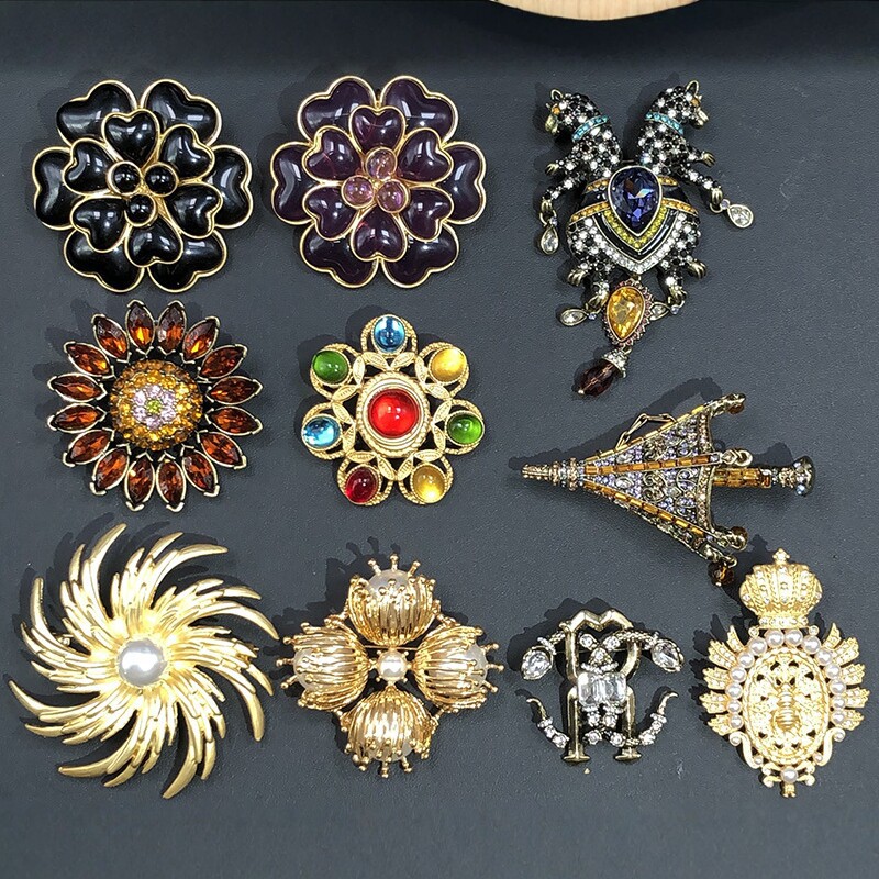 欧美跨境大气琉璃胸针珍珠百花齐放烟花胸花夸张双马水晶胸针衣饰
