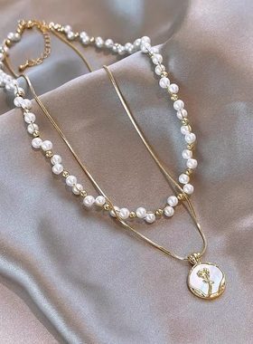 淡水珍珠双层叠戴项链锁骨链轻奢玫瑰花吊坠颈链轻奢施家珍珠项链