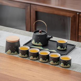 茶壶茶杯家用办公室整套茶具礼盒 千里江山粗陶提梁壶功夫茶具套装