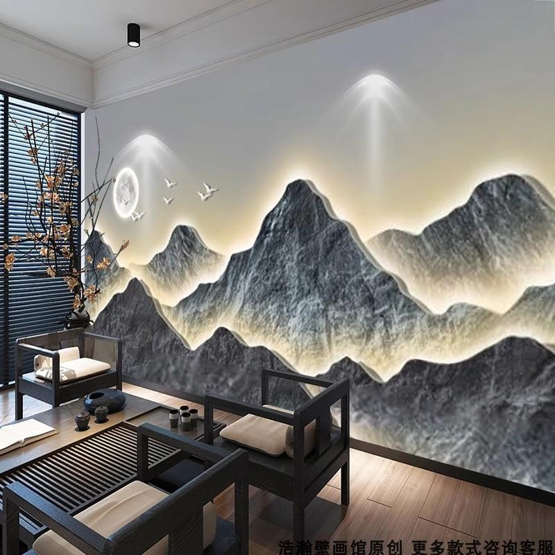 3d立体新中式墙纸中国风山水客厅壁画茶室背景墙酒店大唐装饰壁纸图片