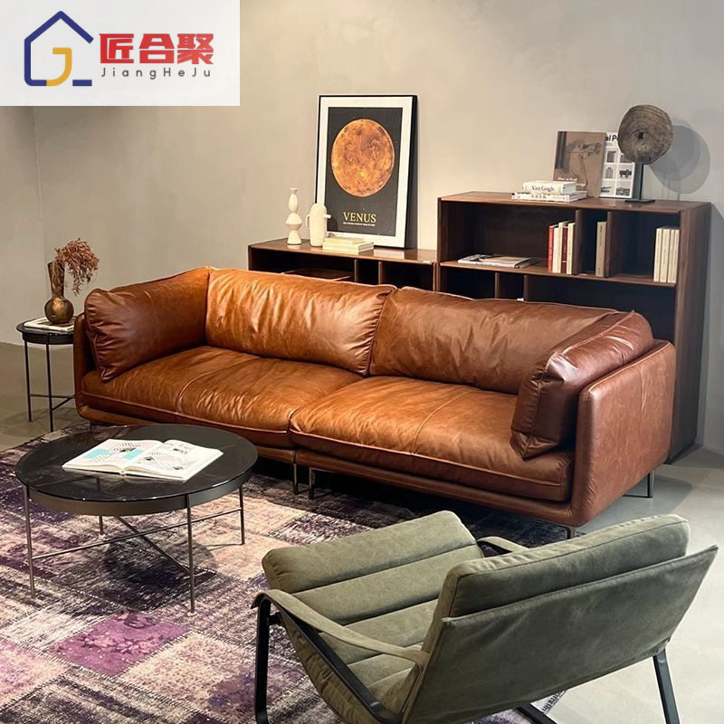 复古美式真皮沙发客厅小户型直排油蜡皮沙发简约中古风皮艺沙发