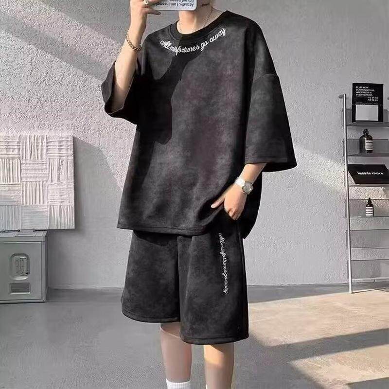 休闲运动扎染套装男女夏季时尚百搭短袖t恤上衣搭配五分短裤一套
