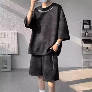 休闲运动扎染套装男女夏季时尚百搭短袖t恤上衣搭配五分短裤一套