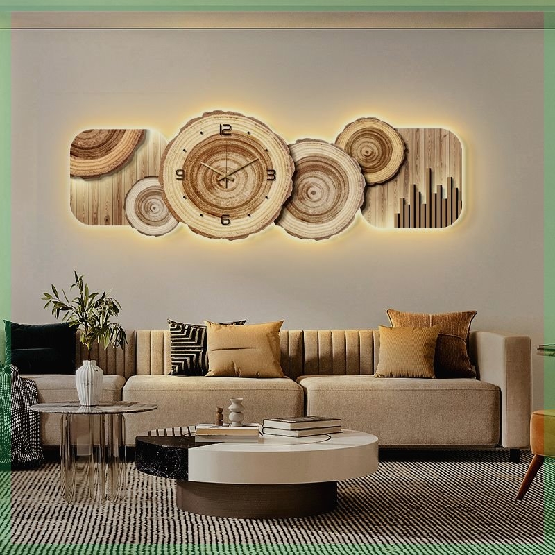 极速抖快侘寂风年轮客厅装饰画电视沙发背景墙挂S画原木风大气带