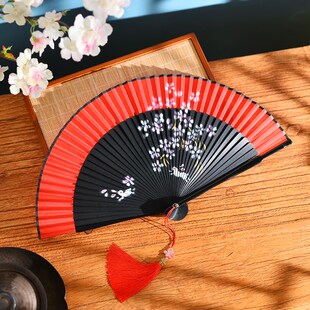 极速中国风复古典红色折扇舞蹈走秀竹制折叠扇子古风X汉服旗袍日