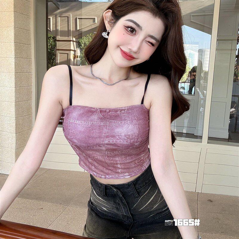 新品带胸垫吊带背心女内搭扎染印C花纯欲性感无袖短款外穿打底抹