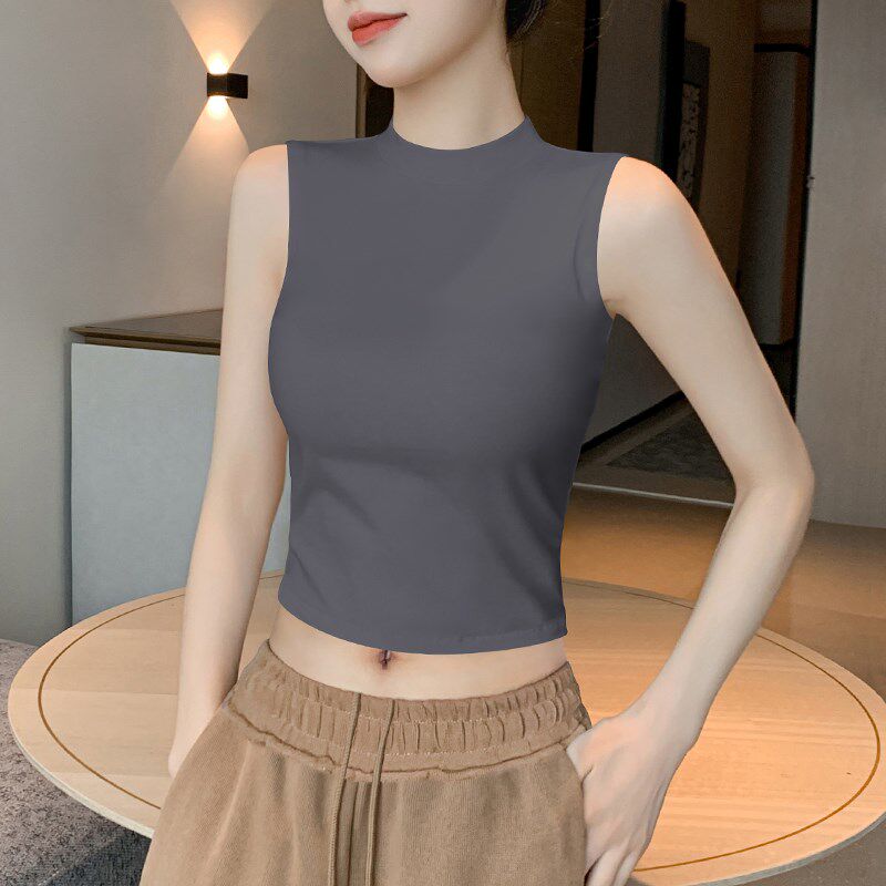 新品黑色打底背心女m内搭夏外穿纯棉半高领短款吊带遮副乳坎肩无