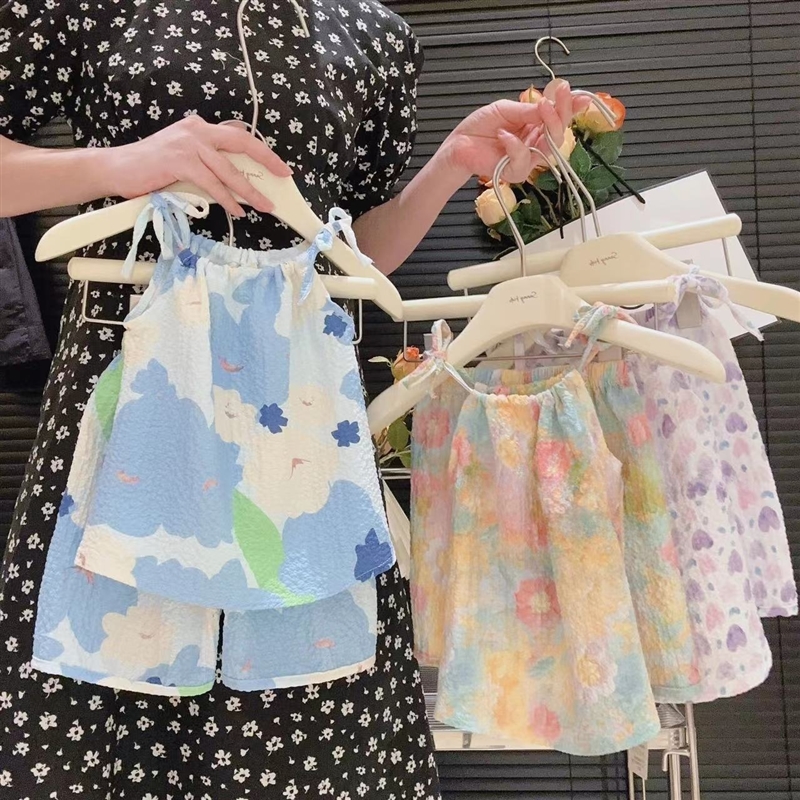 极速TZ女童油画风2023t夏季新潮款套装洋气甜美吊带裙裤女宝宝两