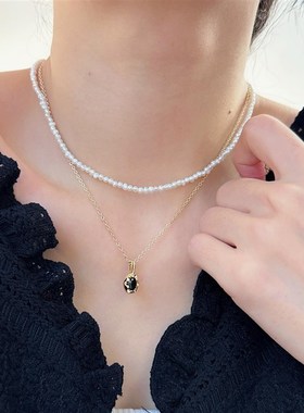 极速天然b淡水珍珠项炼 法式宫廷风椭圆黑玛瑙项链精致百搭复古锁