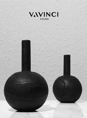 新品新品黑色圆i形碳化木瓶摆件简约现代茶几电视柜客厅玄关果盘