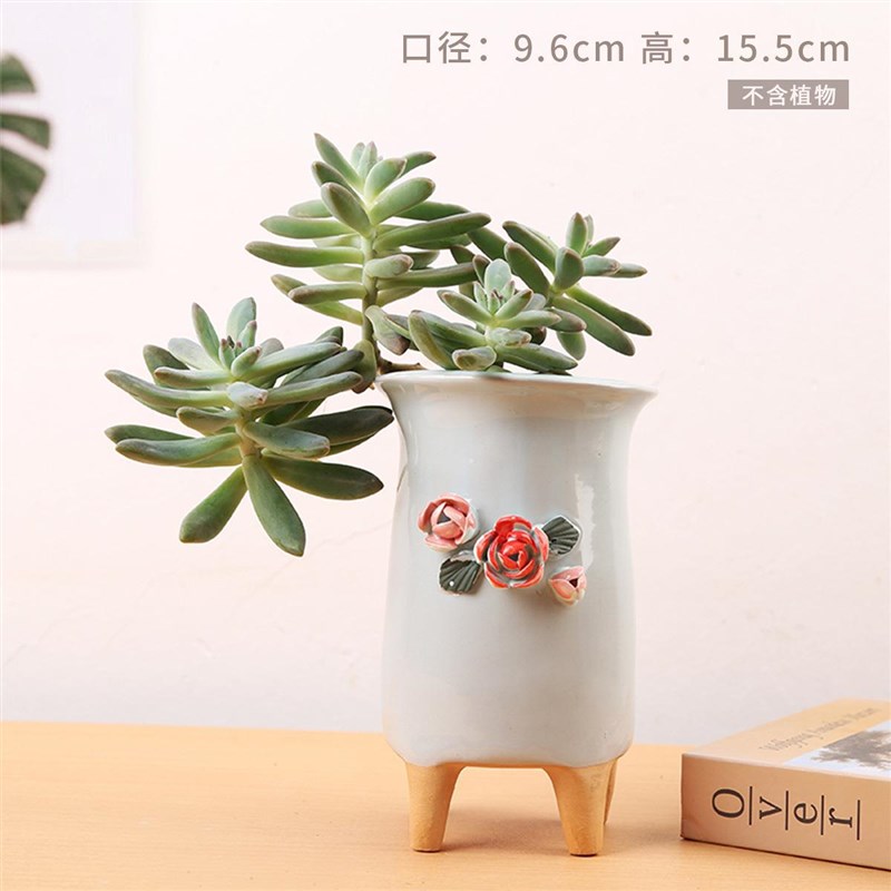 极速新款立体捏花陶瓷多肉花盆手工高H脚韩式彩绘老桩肉肉植物小