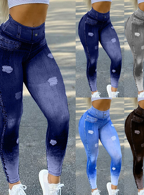 极速20a22 New High Waist Faux Denim Jean Leggings Slim Elast