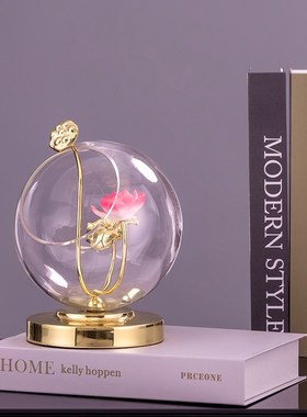 新品现代黄铜摆件轻奢玻璃罩子透明摆件客厅N玄关办公室桌面家居