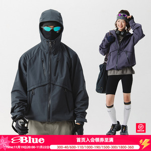 蓝岐秋季户外徒步三防气凝胶软壳加绒保暖外套工装连帽防风夹克男