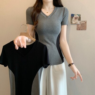 新品v领短袖t恤女夏季2r025新款大码遮肚子显瘦设计感正肩掐腰上