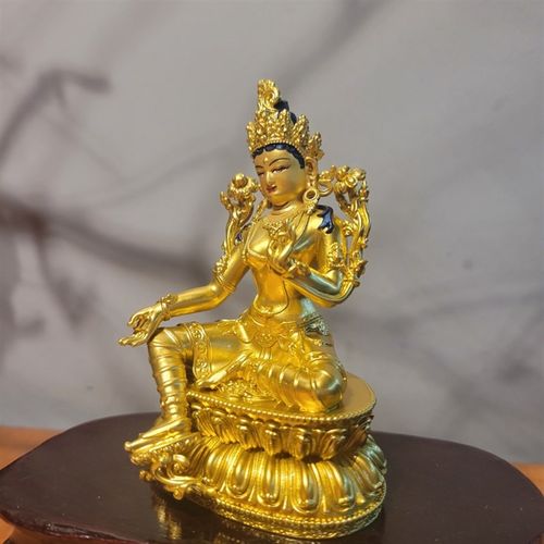 极速尼泊尔工艺绿度母菩q萨鎏金画脸佛像摆件21白度母家居供奉紫