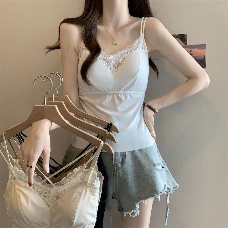 新品蕾丝小吊g带背心女带胸垫夏季内搭大码胖mm显瘦设计感无袖上