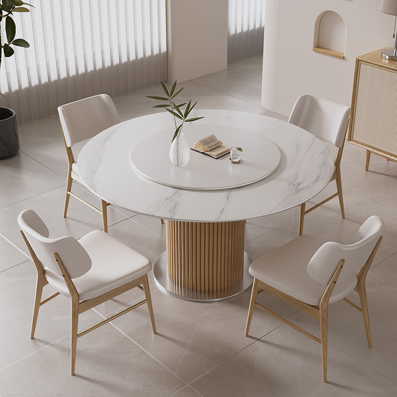 极速轻奢实木f岩板餐桌圆形北欧现代简约侘寂风白蜡木小户型洞石