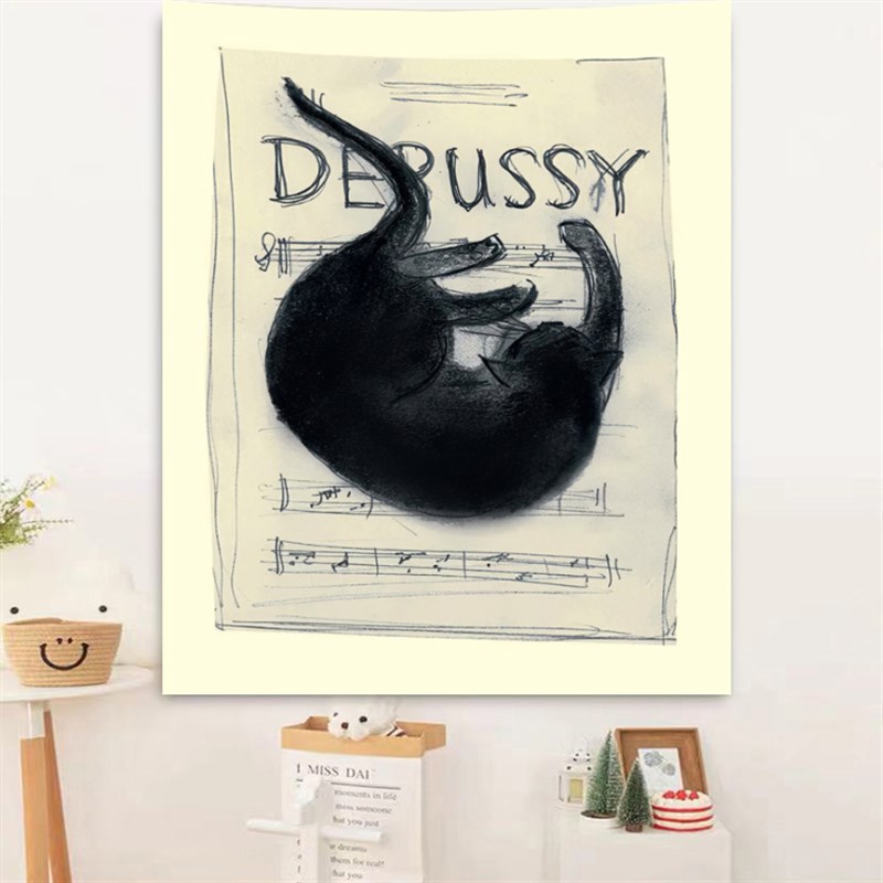德彪西与黑d猫酒吧ins艺术个性插画挂布卧室装饰背景布墙布隔断布图片