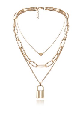 极速Hip Hop Multi Layers chain Anecklace with heart lock wom