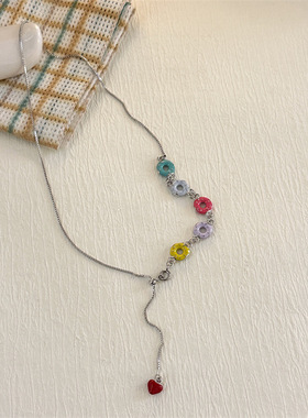 极速新款彩色甜甜圈圆形项链女 小众设计夏O季个性时尚甜酷风抽拉