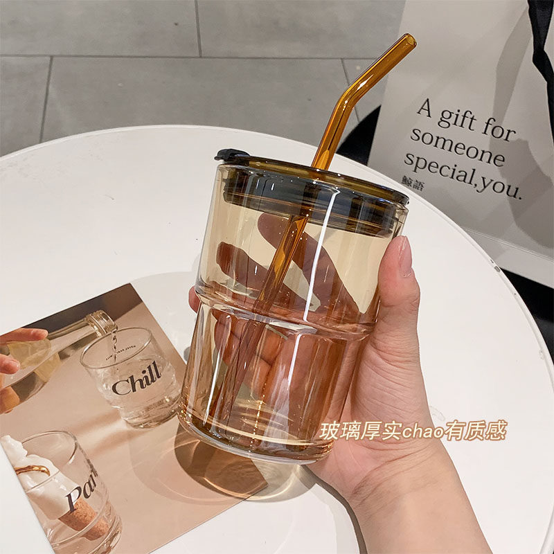 极速ins风高颜值吸管式水杯女生D玻璃杯家用咖啡杯子情侣泡茶杯办