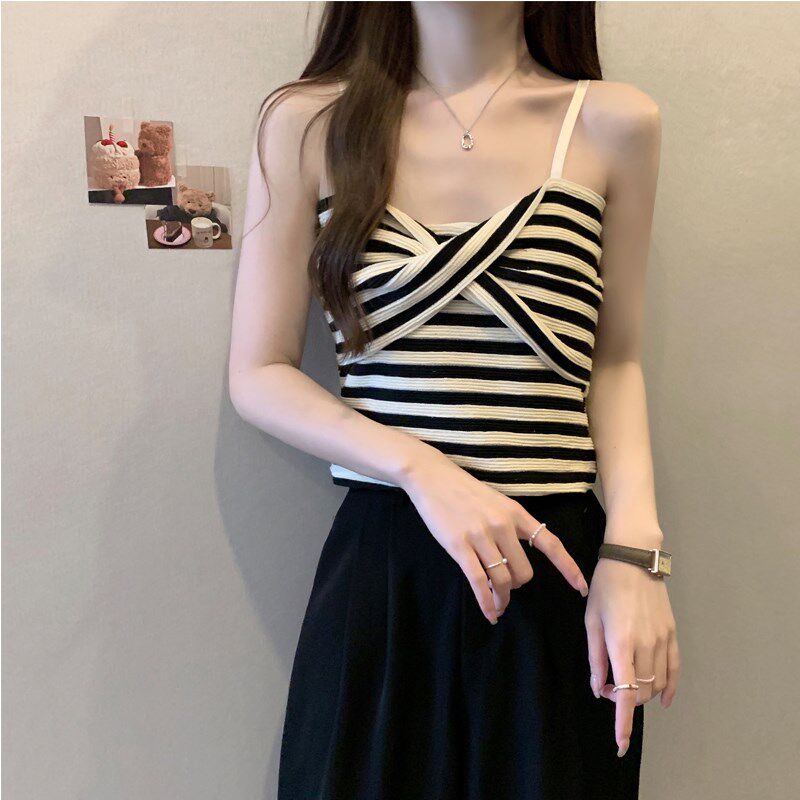 新品大码条纹吊带背心女内搭夏季胖mm显瘦设计Q感纯欲短款无袖上