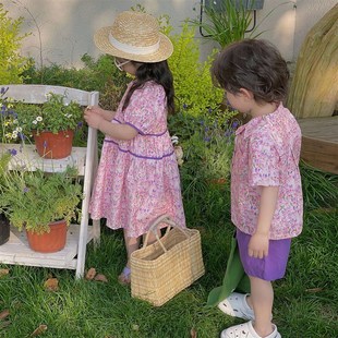 2024夏季 姐弟装 韩国花衬衫 短裤 女.童连衣裙儿.童衬W衫 极速兄妹装