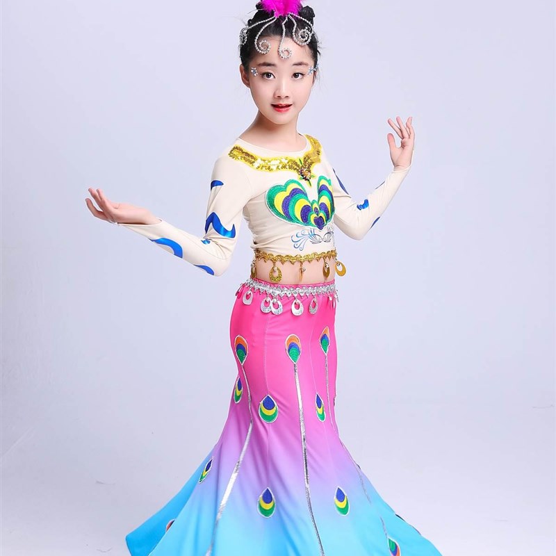 极速新品lc儿童傣族演出女少台数民孔雀舞蹈服装鱼尾裙成人族弹力