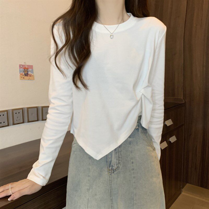 极速不规则长袖t恤女春季大码胖mm遮肚K子内搭打底衫洋气短款正肩