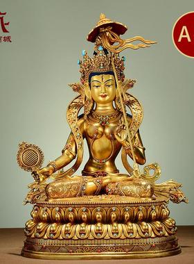 藏村全鎏金《大白伞盖佛母》宝石镶嵌精工铜雕家用桌面铜佛像摆件