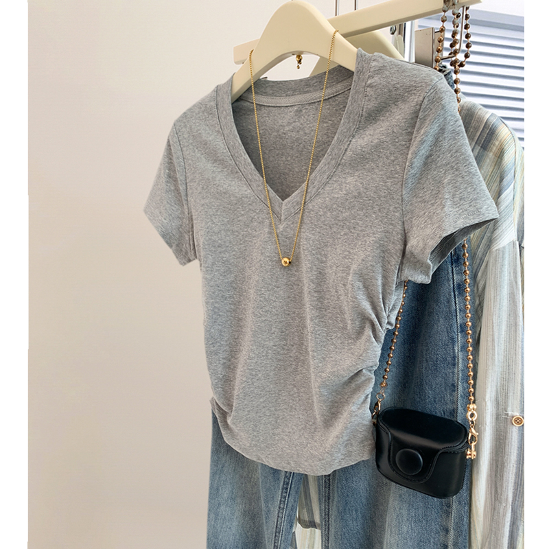 速发正季v领小飞袖t恤夏色2025新款爆款设计感灰肩收腰上衣