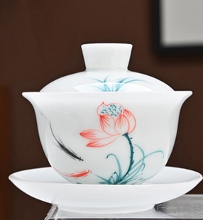 手绘荷花冰种盖碗三才杯大码家用新中式薄胎高白 八宝茶碗 三炮台