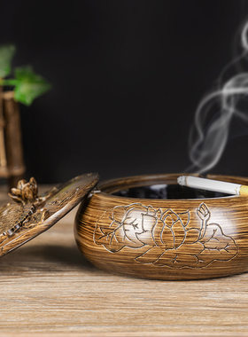 创意新中式树脂烟灰缸带盖大号 家用客厅防飞灰带水槽防摔架烟缸