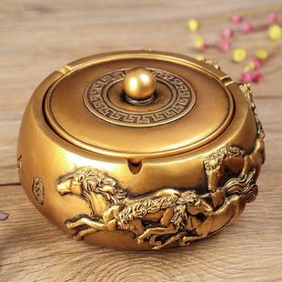 创意树脂烟灰缸带盖大号高端大气上档次 办公室中式马到成功烟缸